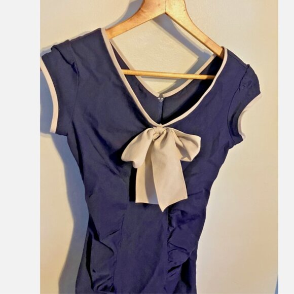 Stop Staring! Newport Rockabilly 1950's Navy Bodycon Wiggle Dress M - Picture 3 of 6